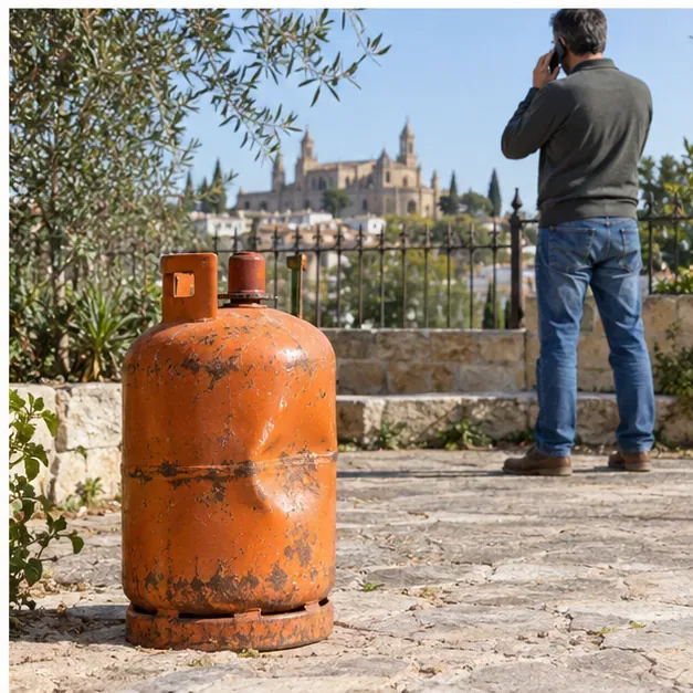Una bombona naranja deteriorada permanece aislada en el exterior mientras una persona llama por teléfono desde lejos