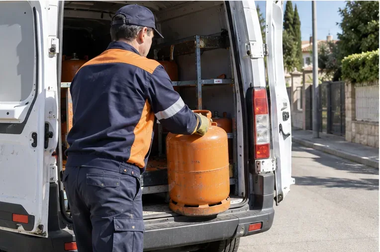 Trabajador de reparto colocando una bombona de gas de pie en la parte trasera de un vehículo de servicio