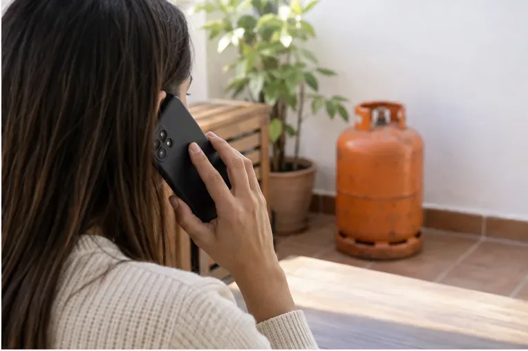 Mujer llamando por teléfono con una bombona de gas visible al fondo en una terraza