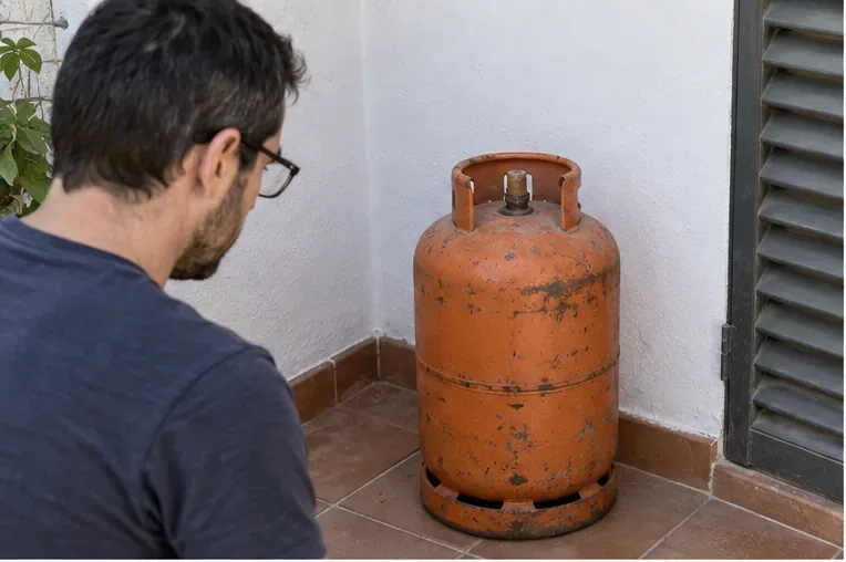 Persona observando una bombona de gas usada colocada de pie junto a una zona ventilada