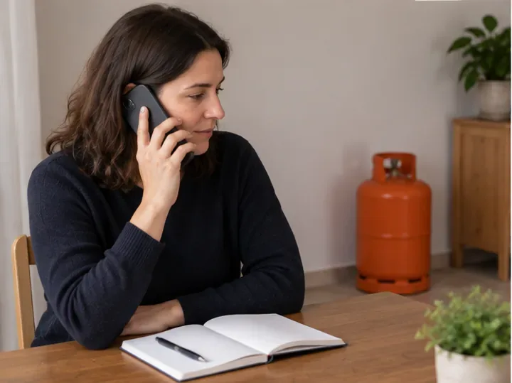 Una mujer llama por teléfono con una libreta abierta mientras una bombona permanece al fondo, sin ser manipulada.
