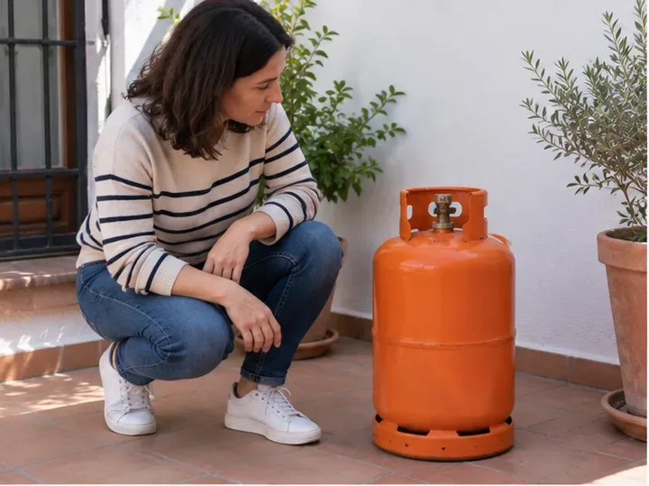 Una mujer observa una bombona naranja de gas colocada de pie en una terraza, sin manipular la válvula.