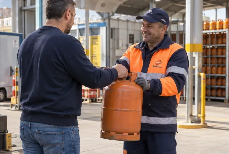 Un usuario entrega una bombona de gas a un trabajador uniformado en una instalación de distribución