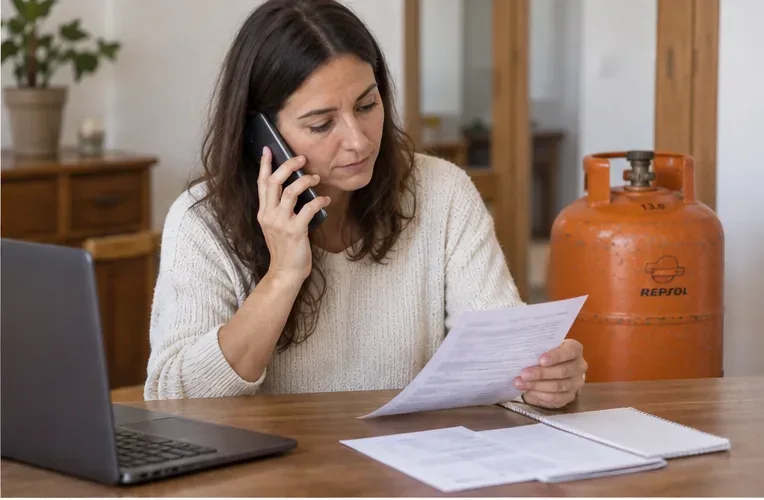 Una mujer habla por teléfono y revisa documentación junto a una bombona de gas doméstica