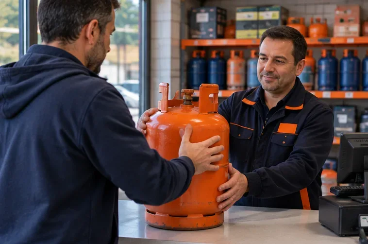 Un cliente entrega una bombona de gas a un empleado en un punto autorizado de suministro