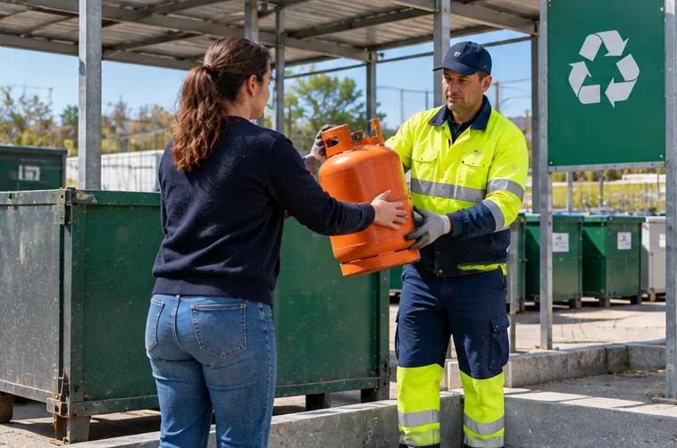 Una persona entrega una bombona de gas a un operario en una deixalleria municipal