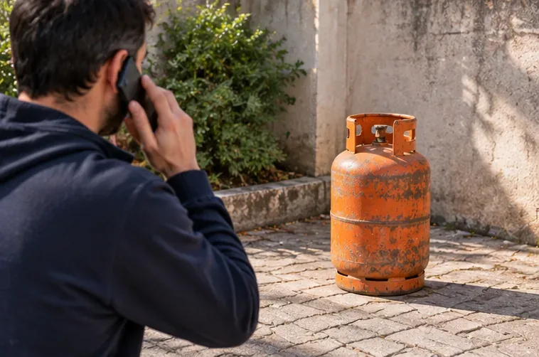 Un hombre llama por teléfono manteniendo distancia de una bombona de gas deteriorada situada en el exterior