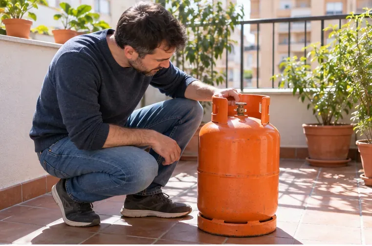 Un hombre observa una bombona naranja de uso doméstico colocada de pie en una terraza