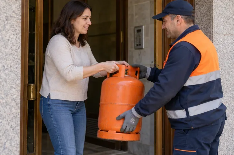 Una mujer entrega una bombona naranja a un trabajador de reparto en la entrada de un edificio