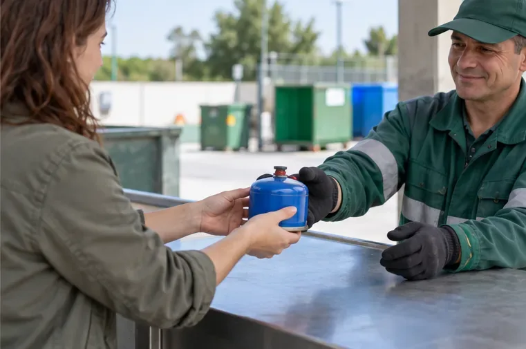 Una mujer entrega un pequeño cartucho azul de gas de camping a un trabajador de un punto de recogida