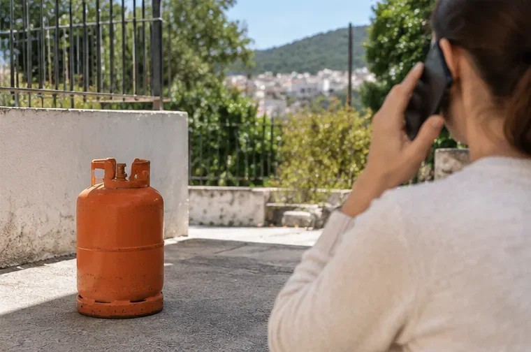 Persona llamando por teléfono desde una zona exterior mientras una bombona permanece vertical a distancia