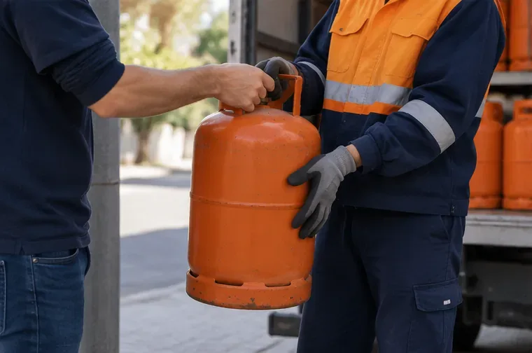 Trabajador de reparto recibiendo una bombona de gas de un usuario junto a un vehículo de distribución