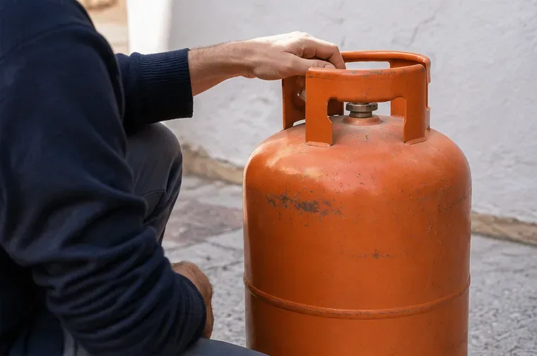 Persona observando la zona superior y la válvula de una bombona de gas sin desmontarla