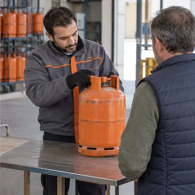 Empleado de un distribuidor revisando una bombona naranja junto a una persona que la entrega en un mostrador
