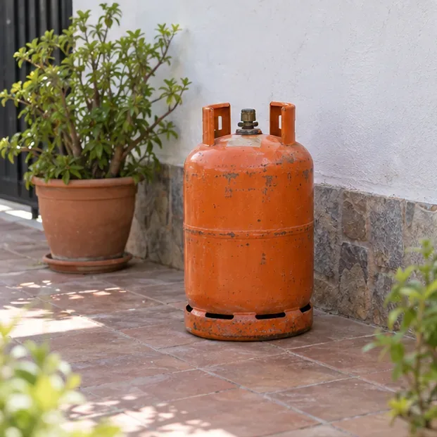 Bombona naranja de butano colocada de pie en un patio exterior junto a una pared y plantas