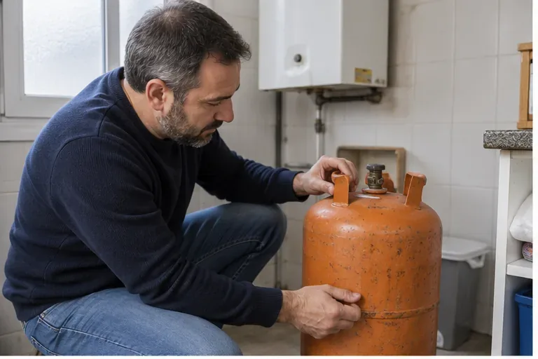 Una persona observa una bombona de gas naranja en una cocina sin desmontar la válvula