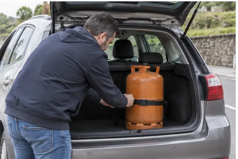 Una bombona de gas colocada de pie y sujeta con una correa dentro del maletero de un coche