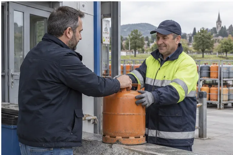 Un usuario entrega una bombona de gas a un trabajador con ropa de alta visibilidad en una instalación de recepción