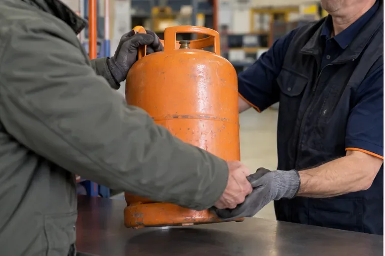 Trabajador con guantes recibiendo una bombona de gas de manos de un usuario en un mostrador de entrega