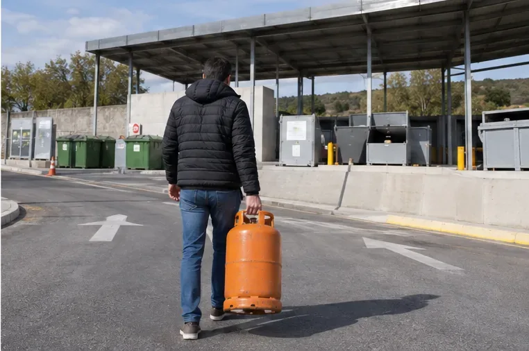 Persona transportando una bombona de gas hacia una zona de entrega de residuos especiales en una instalación de recogida
