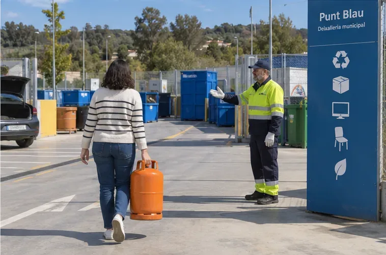 Persona llegando con una bombona naranja a una instalación municipal señalizada como Punt Blau