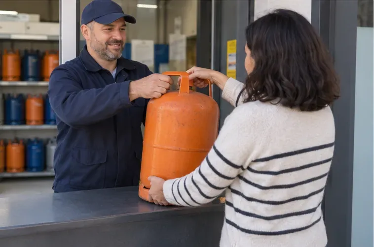 Persona entregando una bombona naranja a un trabajador en un punto de distribución de gas