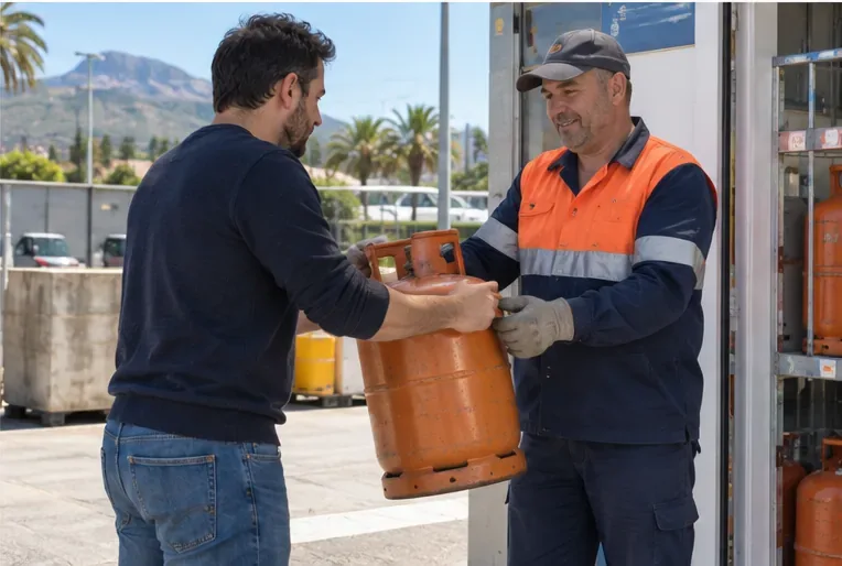 Usuario entregando una bombona de gas a un trabajador de un punto de distribución autorizado