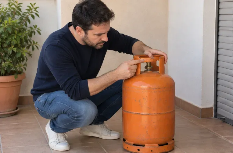 Persona revisando visualmente una bombona de gas en posición vertical antes de decidir cómo devolverla