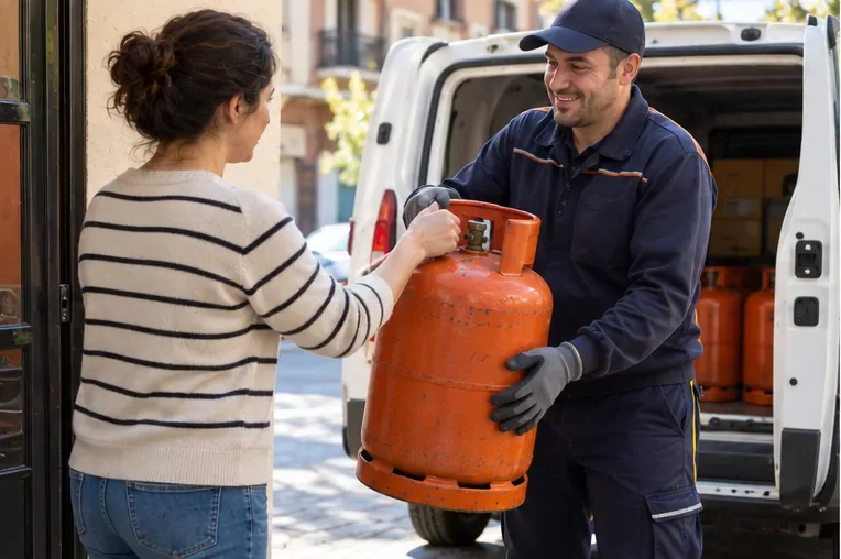Repartidor recibiendo una bombona de gas de una usuaria junto a una furgoneta de reparto