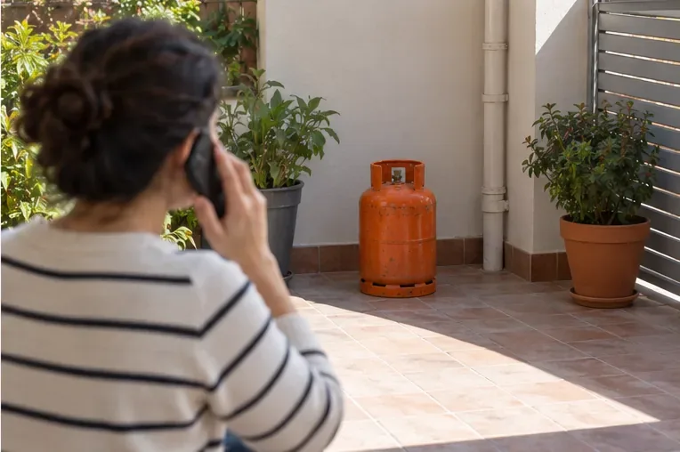 Persona hablando por teléfono a distancia de una bombona colocada en una terraza ventilada
