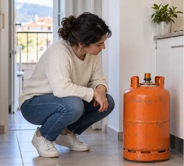 Una persona comprueba visualmente una bombona naranja de butano colocada en posición vertical