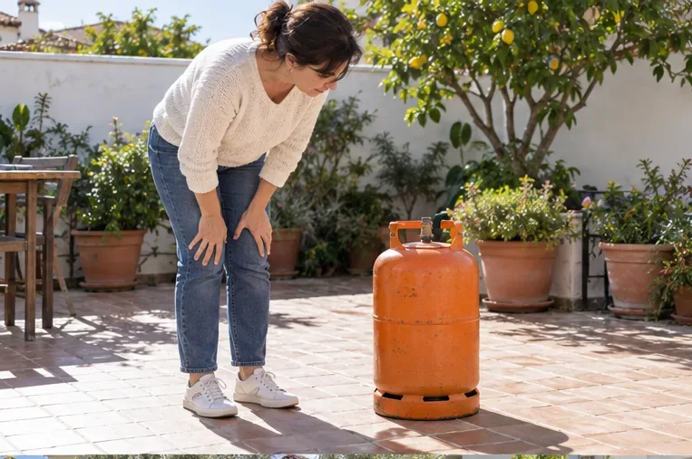 Una persona observa una bombona naranja intacta, colocada en vertical en una terraza.