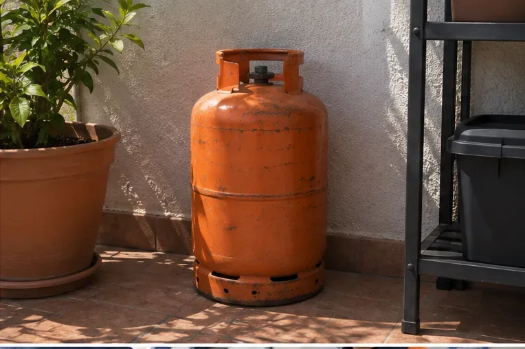 Bombona de gas colocada verticalmente en una zona exterior doméstica mientras se prepara su devolución