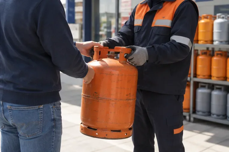 Trabajador de un centro de distribución recibiendo una bombona de gas de manos de un usuario