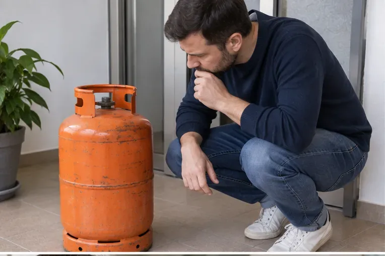 Persona observando el estado exterior de una bombona de gas naranja colocada de pie
