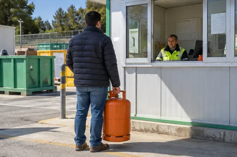 Persona llevando una bombona a la ventanilla de una instalación de recogida de residuos