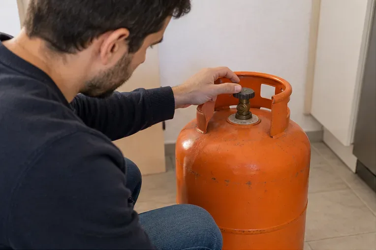 Persona comprobando visualmente la válvula cerrada de una bombona naranja en una vivienda