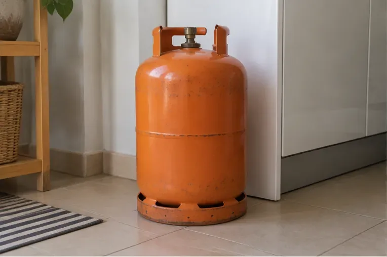 Bombona de gas naranja colocada en posición vertical sobre el suelo de una vivienda