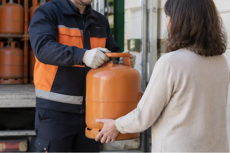 Trabajador de reparto recibiendo una bombona de gas naranja de una usuaria