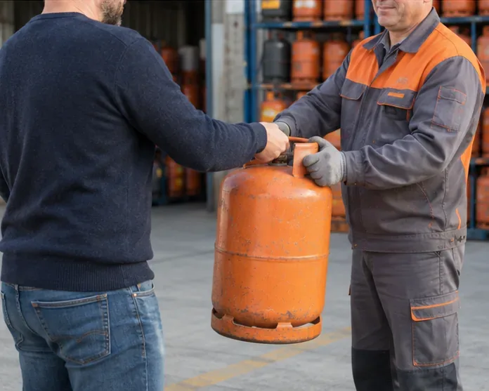 Cliente entregando una bombona de gas a un trabajador en la entrada de un almacén de distribución