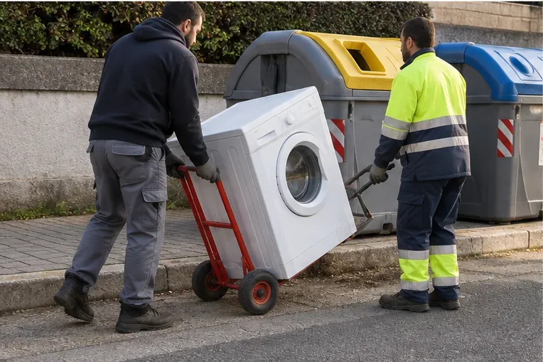 Dos personas trasladando una lavadora con una carretilla de transporte hasta una zona de recogida exterior