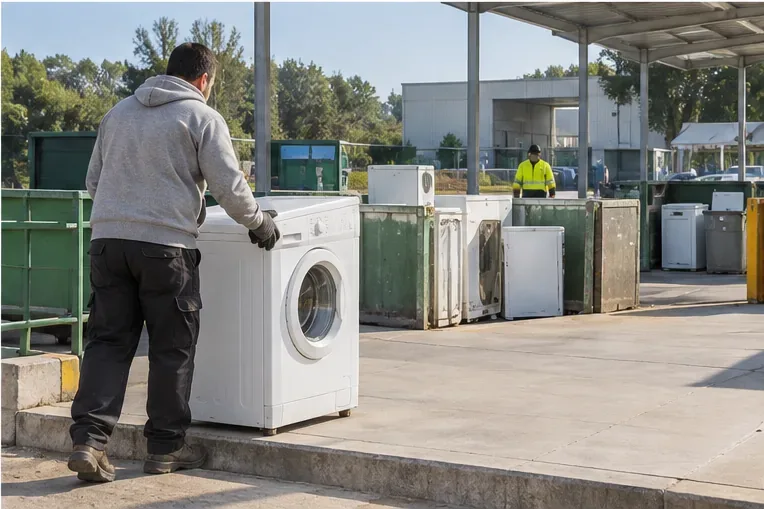 Persona entregando una lavadora usada en una instalación de reciclaje con zonas separadas para electrodomésticos