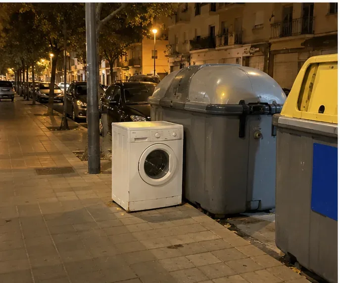 Lavadora colocada de noche junto a contenedores de residuos en una acera amplia, sin bloquear el paso peatonal