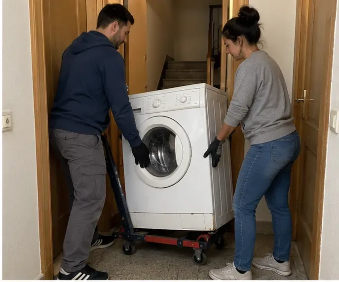 Dos personas trasladan una lavadora sobre una plataforma con ruedas por el pasillo de una vivienda
