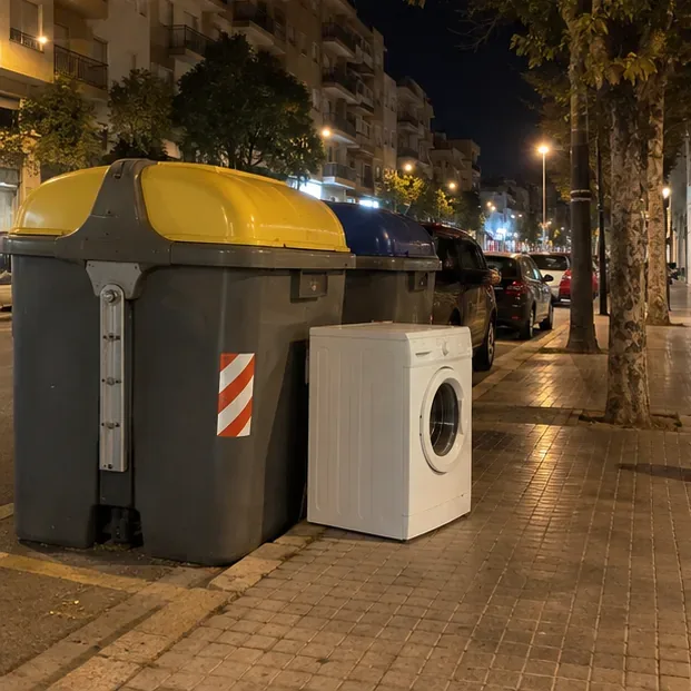 Lavadora situada junto a contenedores urbanos durante la noche, sin estar dentro del contenedor