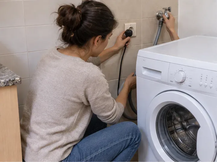 Persona desconectando una lavadora de la corriente y de la toma de agua antes de retirarla