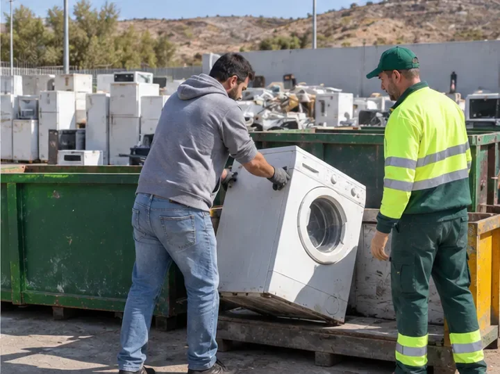 Lavadora usada entregada en una zona de recogida de residuos de aparatos eléctricos y electrónicos