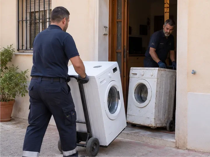Dos operarios trasladando una lavadora nueva mientras retiran otra antigua de una vivienda