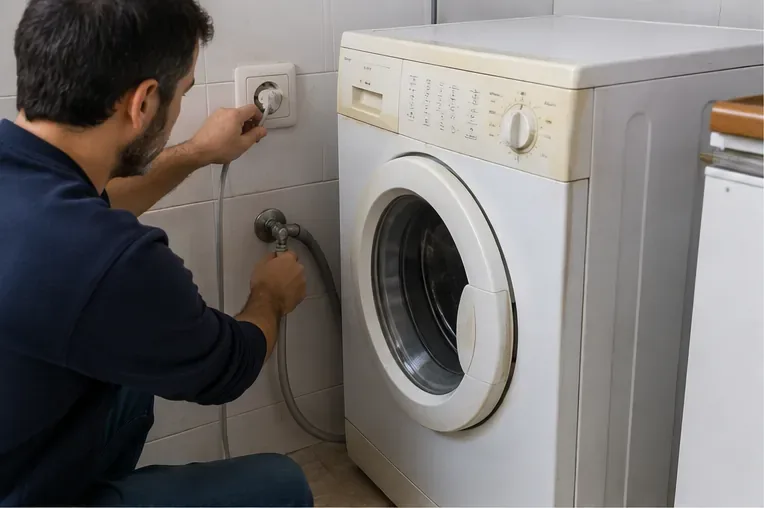 Persona desconectando el enchufe y cerrando la toma de agua de una lavadora antes de retirarla