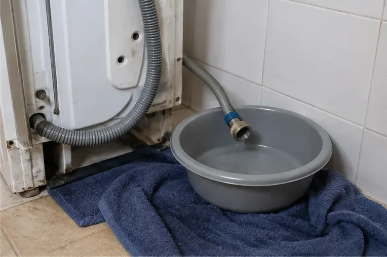 Manguera de una lavadora drenando agua residual dentro de un recipiente antes del transporte